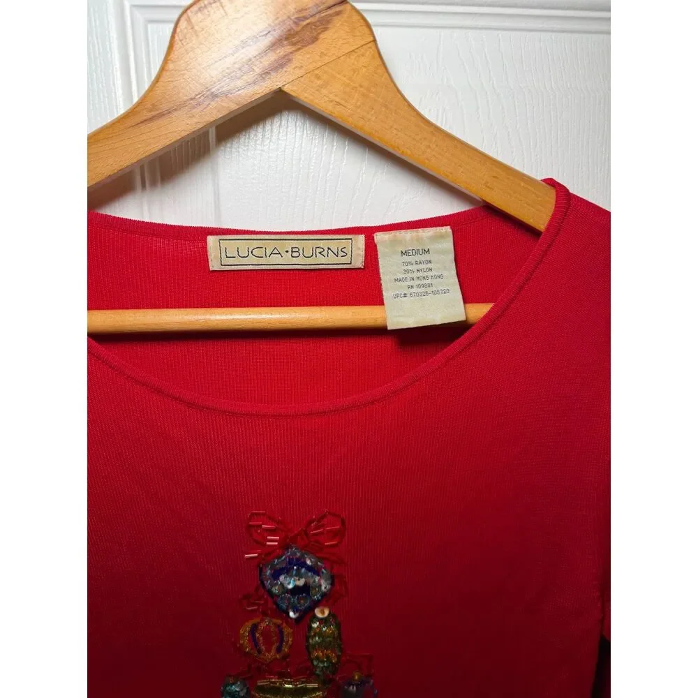 Lucia Burns Red Beaded Christmas Tree Sweater Women's Medium Holiday Knit Top